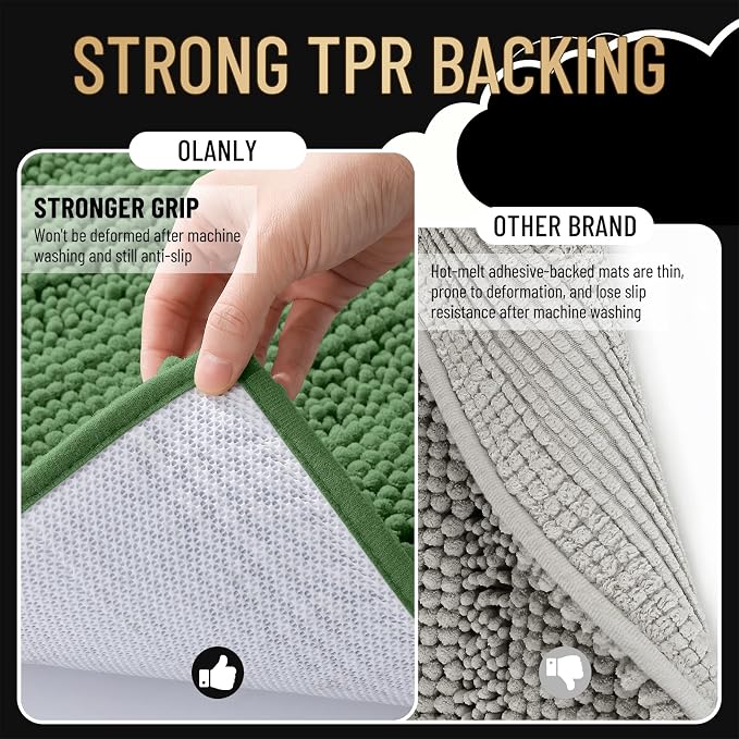 OLANLY Thick Bathroom Rugs 30x20, Extra Soft Absorbent Chenille Striped Bath Rugs, Rubber Backing, Machine Wash Dry, Bath Mats for Bathroom Floor, Tub and Shower, Home Decor Accessories, Olive Green