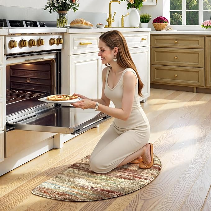 KIMODE Anti Fatigue Kitchen Mats for Floor 18"x28" Half Circle Cushioned Kitchen Floor Mats, Red Brown Abstract Kitchen Rug, Comfort Ergonomic Standing Desk Mat for Sink Laundry Office