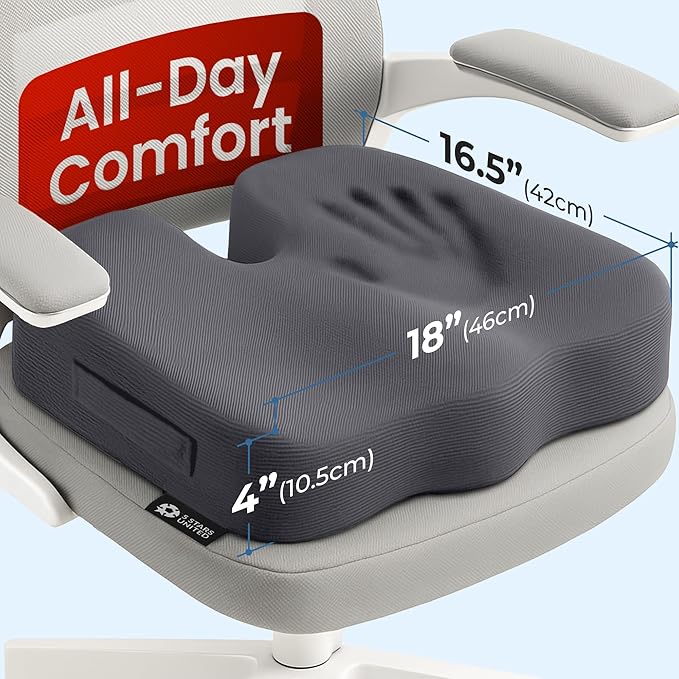 5 STARS UNITED Seat Cushion - Memory Foam Chair Cushion for Tailbone Pain Relief - Ergonomic Support for Coccyx, Sciatica & Butt - Office, Desk & Gaming Chair, Car Seat, Wheelchair, Airplane, D Gray