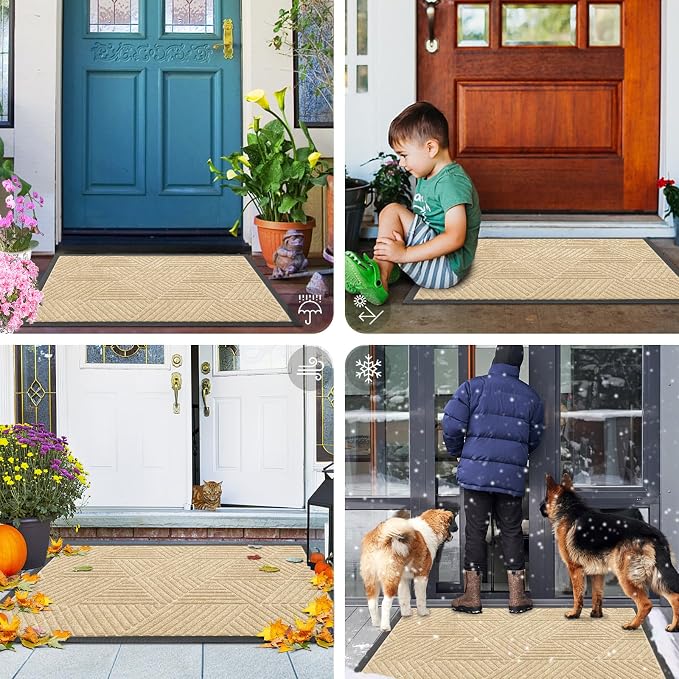 Smiry Front Door Mat Outside Entrance, Heavy Duty Sturdy Natural Rubber Doormat, Trap Dirt and Moisture, Easy Clean Low Profile Mats for Indoor Outdoor Entry, Irregular Triangle (71x47, Beige)