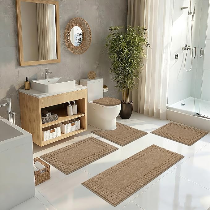 Pauwer Bathroom Rugs Set 5 Piece Non Slip Washable Bath Mat Set with U Shaped Contour Toilet Rugs Plush Absorbent Microfiber Shower Mat and Toilet Lid Cover for Bathroom, Khaki
