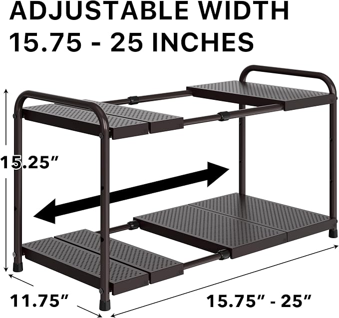Simple Houseware Under Sink 2-Tier Heavy Duty Expandable Rack Organizer, Adjustable Width 15.75–25 Inches with 4 Shelf Height Levels, Bronze