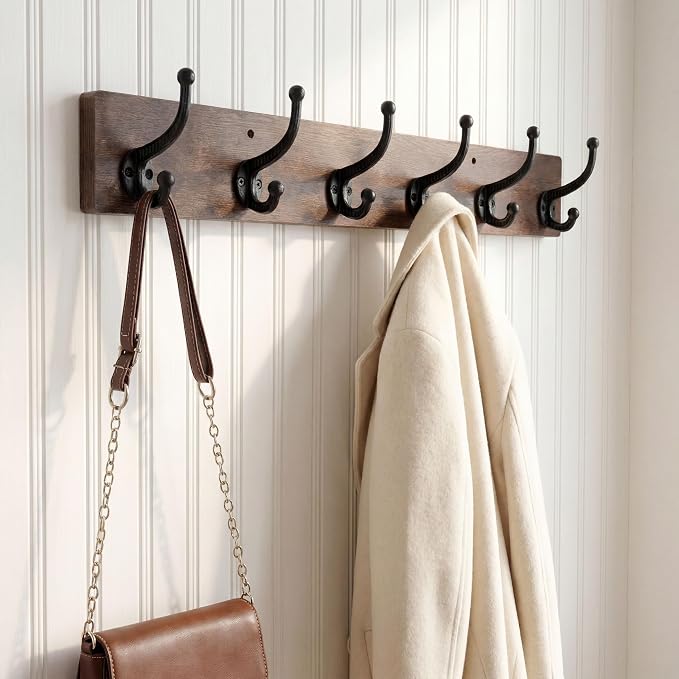 WEBI Rustic Coat Rack Wall Mount,24" Long 6 Cast Iron Coat Hooks Wall Mounted,Heavy Duty Wood Wall Coat Hanger Hooks for Hanging Coats,Jacket,Clothes,Backpack,Farmhouse,Rustic Brown