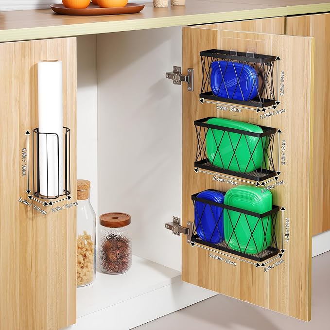 YIGII 3 Pack Adhesive Cabinet Organizer - Pantry Door Organizer Bin Holder for Tupperware Lid Kitchen, Black Stainless Steel