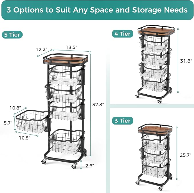 5 Tier Kitchen Fruit Vegetable Storage Cart with One-Piece Rotating Basket, Pantry Organizer Shelf Rack Floor Stand for Veggie Onion Potato Produce Spice, Rolling Snack Cart on Wheels, Black