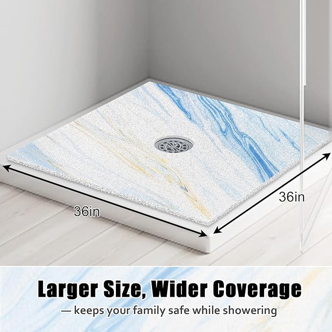 Square Shower Mat Non Slip: 36x36 Inch Large Shower mats for Inside Shower with Drain Hole in Middle, Super Soft PVC Loofah Massage Shower Floor Mat, Anti Slip Shower Stall Mat, Quick Drying
