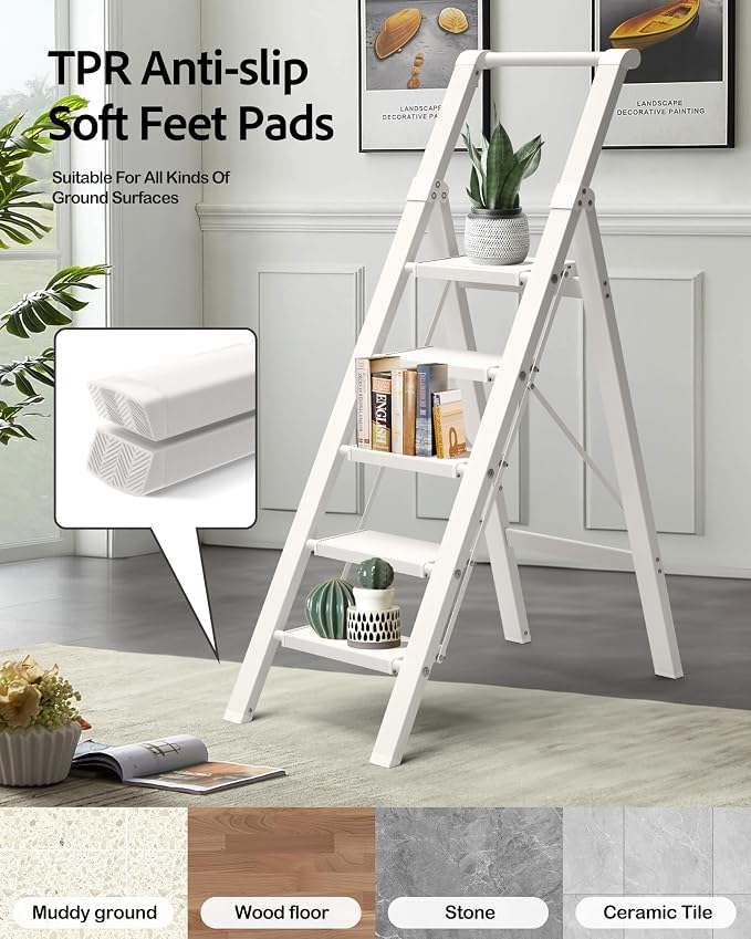 5 Step Ladder, Lightweight Folding StepStool with Convenient Handgrip,Aluminum 330lbs CapacityStep Ladder for Office,Household,Kitchen(White)