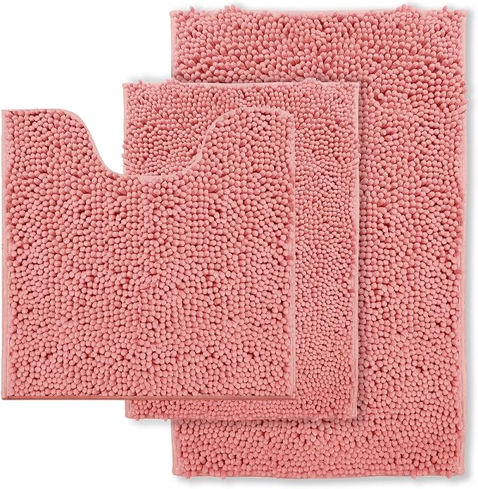 Bathroom Rugs Chenille Bath Mat Set 3-Piece Bath Rugs for Bathoom Extra Soft Bath Mats for Bathoom Non Slip Absorbent Shag Bthroom Carpet, Machine Washable, Toilet Rug Pink