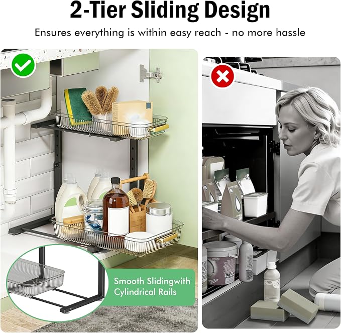 ARSTPEOE Under Sink Organizer - 2 Packs Multi-Purpose Pull-Out Storage Organizers, Slide out Pull out Cabinet Organizer Shelf, Storage for Kitchen Bathroom, Clear