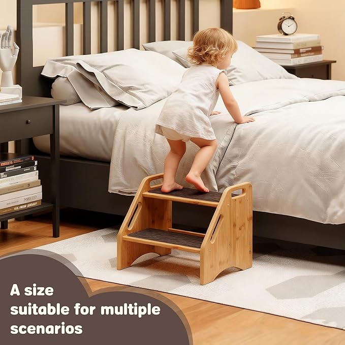 AMBIRD Wooden Step Stool with Washable and Removable Mats, Toddler Step Stools 300 lbs Capacity with Non-Slip Pads and Handles, Kid Step Stool for Kitchen, Bathroom, Bedroom (Natural with Brown Mats)