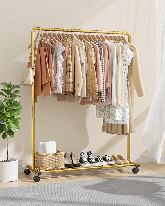 Sakugi Clothes Rack - Clothing Rack with Storage Mesh Shelf & Casters, Heavy-Duty Metal Clothing Rack for Hanging Clothes, Dresses, Coats, Large Load Capacity, Easy Assembly, Gold, 44.3"x16.9"x59.0"