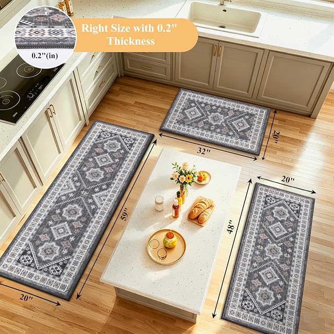 HEBE Boho Kitchen Rug Sets 3 Piece with Runner Non Slip Kitchen Rugs and Mats Washable Kitchen Mats for Floor Thick Kitchen Floor Mat Carpet Runner Rugs for Hallway Laundry Holiday Decor