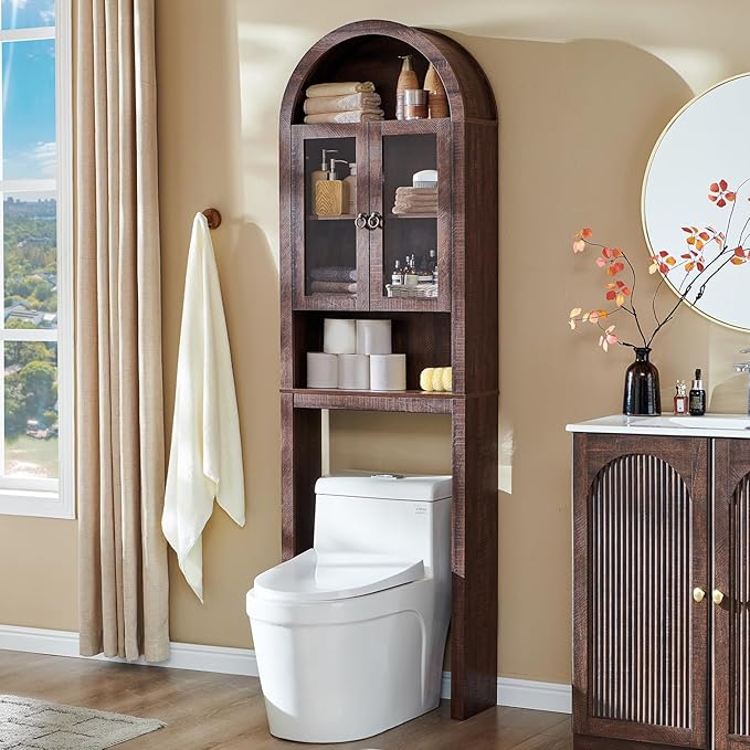 IFGET Arched Over The Toilet Storage Cabinet with Acrylic Doors, Modern Over Toilet Bathroom Organizer Shelf, Small Wooden Bathroom Storage Cabinet with Adjustable Shelf, Space Saver, Dark Walnut