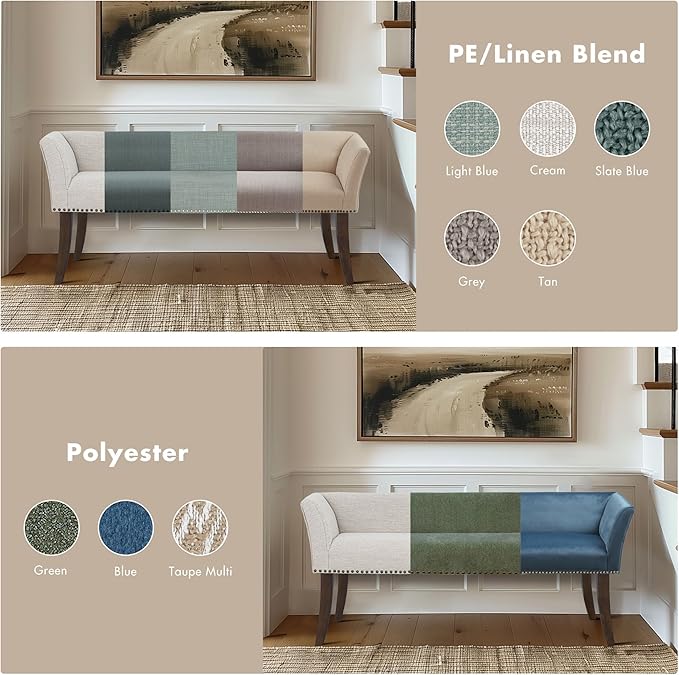 Madison Park Accent Bench, Upholstered with Nailhead Trim, & Padded Seat Entryway Bench Small, End of Bed Bench with Back, 49.5" W x 19.25" D x 23" H, Tan