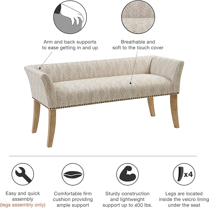 Madison Park Accent Bench for Living Room, Upholstered with Nailhead Trim, & Padded Seat Entryway Bench Small, End of Bed Bench with Back, 49.5" W x 19.25" D x 23" H, Taupe Multi