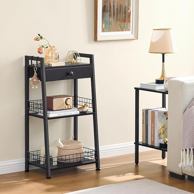 Gewudraw 3-Tier Ladder Shelf with Drawer, Bathroom Table Stand for Small Space, Standing Bathroom Shelves with Storage for Living Room Kitchen Bedroom, Organizer Shelf, Black
