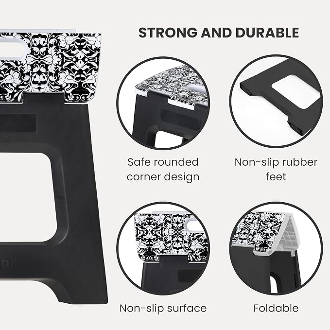 Vigar Compact Step Stool Foldable, 12-1/2-inch Step Stools for Adults up to 330 Pound, Lightweight Stool, Non-Slip Folding Step Stool, Rococco Black