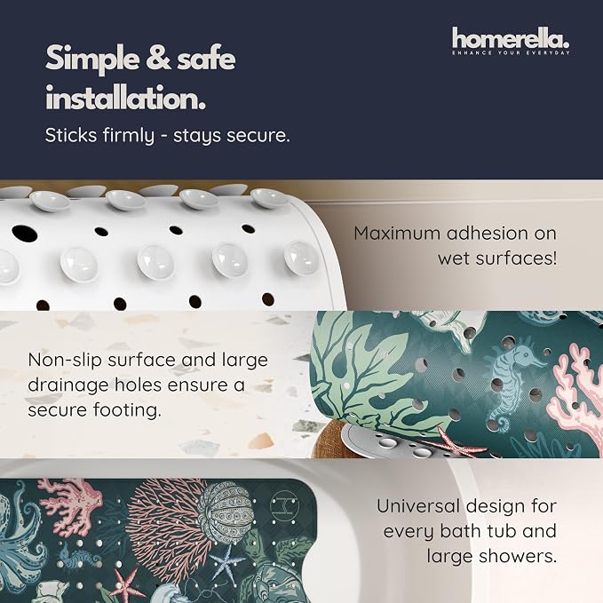 Bathtub Mat Non Slip Anti Mold for Kids 40x16 - homerella® Bath Mat for Tub, BPA Free, Incl. 2 Hooks, Washable Shower Mat Non Slip Anti Mold, Shower Mats for Inside Shower, EU Certified