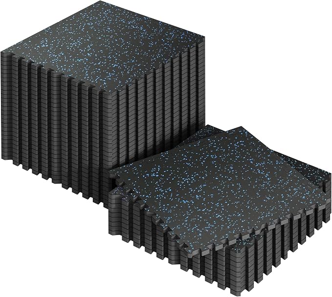 SUPERJARE 0.56'' Thick 36 Pcs 144 Sq Ft Rubber Top Exercise Equipment Mats, High Density EVA Foam Mats with Rubber Top, Interlocking Gym Flooring for Home Gym, Protective Workout Mat, Black/Blue