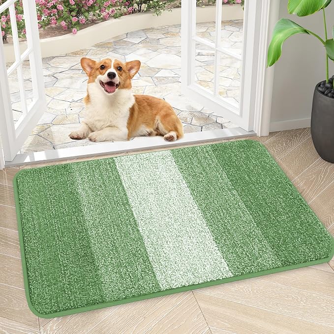 Kitinjoy Indoor Outdoor Door Mat, 30x17 Non-Slip Absorbent Dirt Trapper, Low-Profile Washable Inside Entrance Front Floor Mat, Sturdy Soft Entry Doormats for Entryway, Sage Green