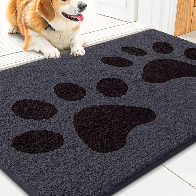 Smiry Dog Door Mat for Muddy Paws, Absorbs Moisture and Dirt, Low-Profile Entryway Mat with Non-Slip Backing, Entry Indoor Outdoor Doormat for Inside Floor (30x20 Inches, Black, Paw)