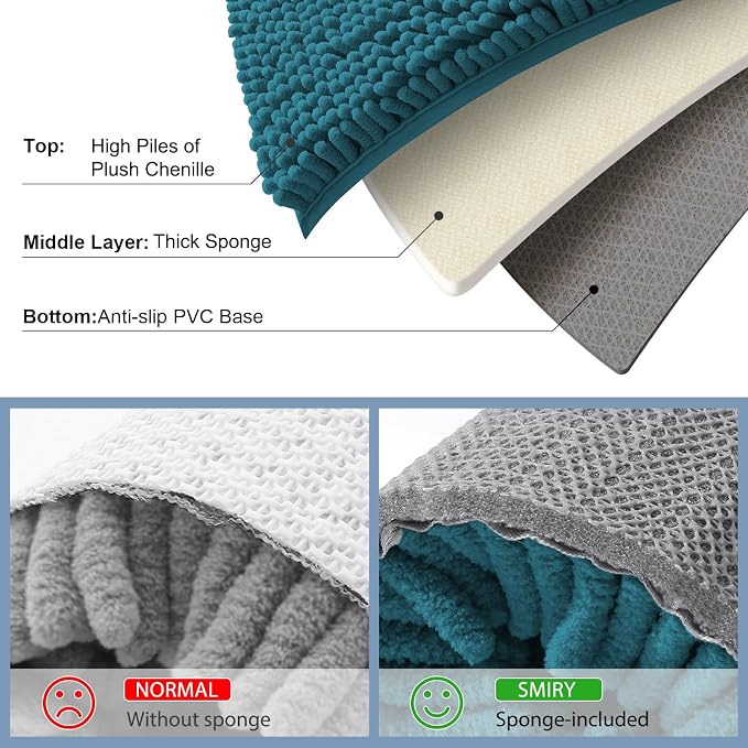 Smiry Luxury Chenille Bathroom Rugs 24x16, Extra Soft and Absorbent Shaggy Bath Mat, Machine Washable, Non-Slip Plush Carpet Runner for Tub, Shower, and Floor, Home Decor Accessories, Lake Blue