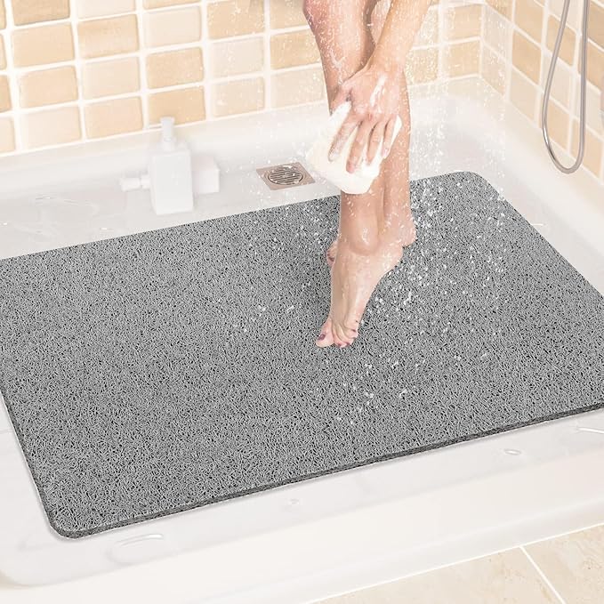LuxStep Shower Mat Bathtub Mat,24x32 inch, Non-Slip Bath Mat with Drain, Quick Drying PVC Loofah Bathmat for Tub,Shower,Bathroom (Phthalate Free,Grey)