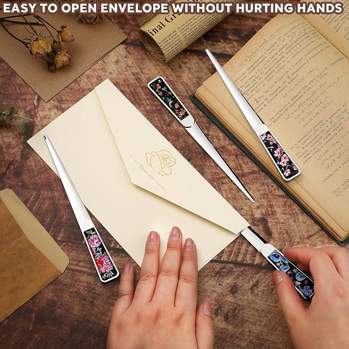 Chuangdi 4 Pieces Letter Opener Knife Fancy Stainless Steel Envelope Openers Slitter Lightweight Mail Opener Tool for Women Men Graduation Gift Office Home School Supplies(Elegant Style)