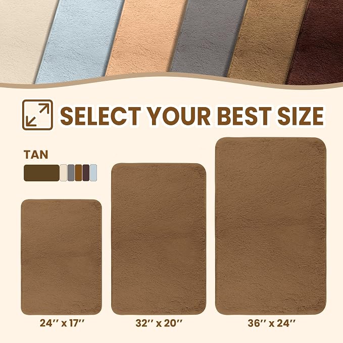 TECHMILLY Fluffy Bathroom Rug Mat 32x20, Absorbent Thick Non Slip Microfiber Mats, Quick Dry Machine Washable Bath Rug for Bathroom Floor, Bathtub and Shower, Tan