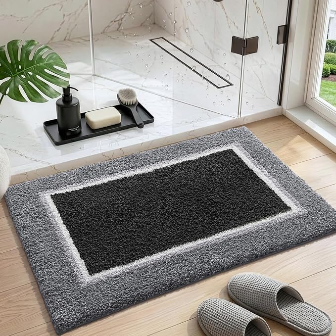 DEXI Bathroom Rugs 43x24, Absorbent Extra Soft Plush Microfiber Bath Mat for Bathroom, Non Slip Washable Bathmat Quick Dry for Shower Floor, Sink, Tub, Laundry Room, Black and Grey