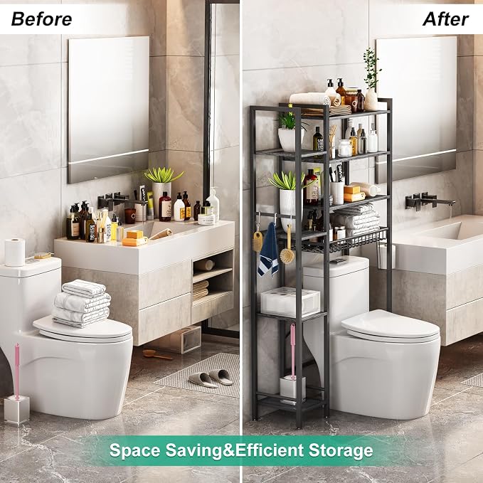 Kalrin 8-Tier Over The Toilet Storage with Side Rack, Over Toilet Storage Rack with Adjustable Shelf & Drain Basket, Freestanding Bathroom Organizer for Balcony, Laundry (Modern Grey)