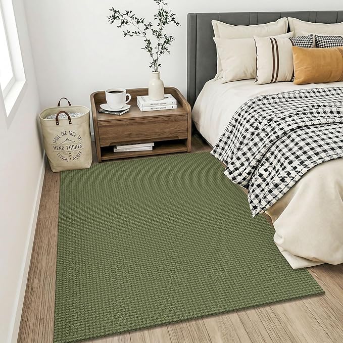 KOZYFLY Washable 4x5 Entry Woven Area Rug, Braided Throw Rugs for Entryway, Non Slip Door Mat Indoor Entrance, Flatweave Carpet for Foyer, Bedroom, Dining, Office, Olive Green/Earthy Green