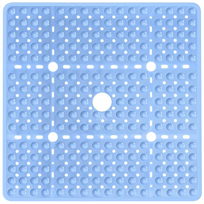 Large Square Shower Mat 27 x 27 Inch Light Blue, Non Slip Shower Bathtub Mats for Inside Shower with Big Suction Cups Drain Holes, Anti Slip Bathroom Floor Stall Mats, Easy Clean, BPA-Free