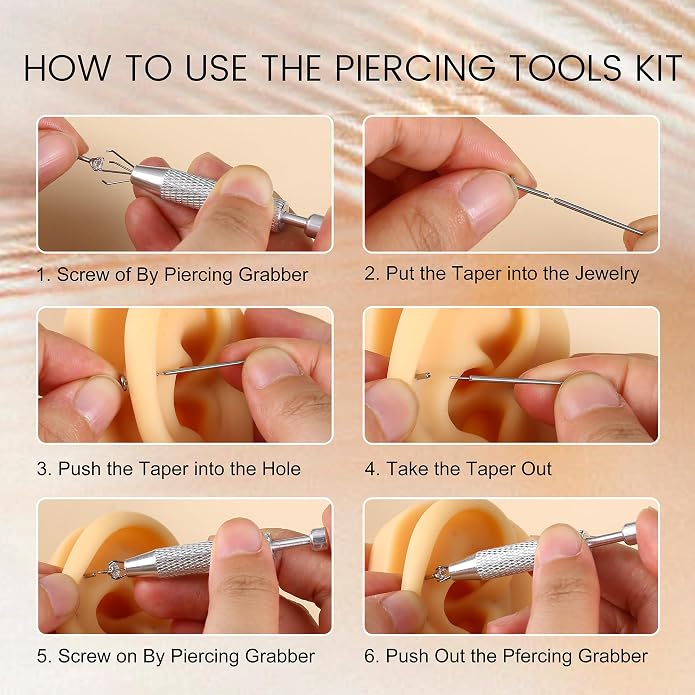 GEMQUEEN Piercing Taper Ball Grabber Tool for Changing Jewelry - 14G 16G 18G 20G Stainless Steel Flat Back Earrings Applicator Tool Threadless Insertion Pin Thread Body Piercing Kit for Ear Nose Lip