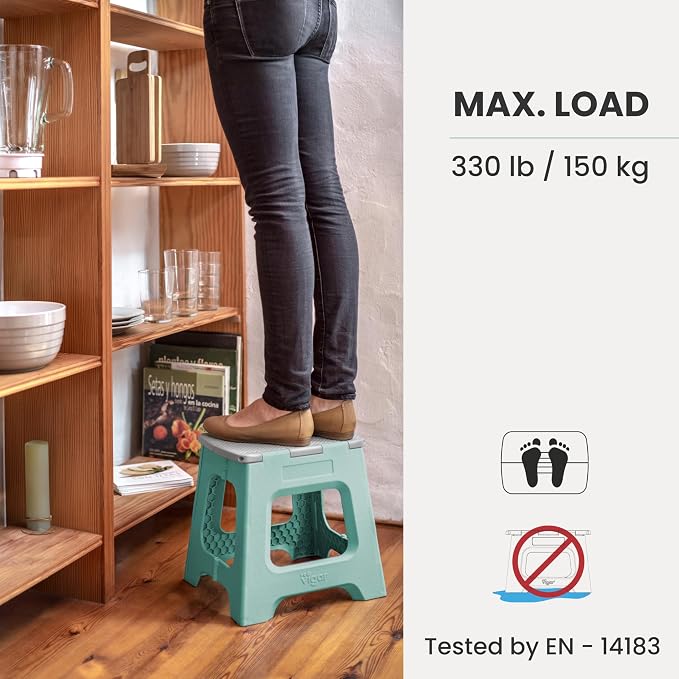 Vigar Compact Folding Step Stool - 12-1/2 Inch Foldable Step Stool for Adults, Lightweight Portable Stool with Handle, Non Slip Step Stool, Space-Saving Stool up to 330 lb - Light Turquoise