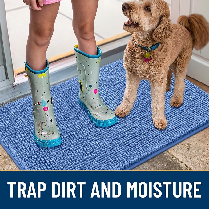 Smiry Dog Door Mat for Muddy Paws 30x20, Absorbent Dirt Trapper, Non-Slip Washable Chenille Entryway Rug for Inside Floor, Cornflower Blue, Classic Solid