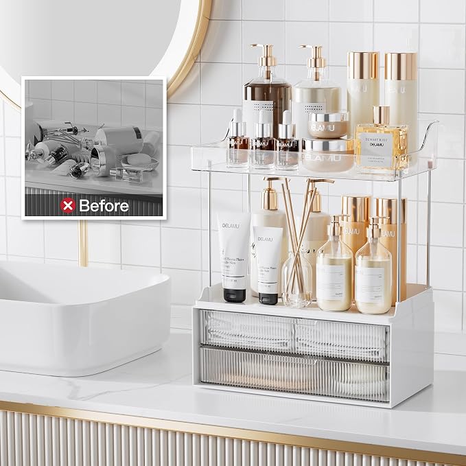 Delamu Bathroom Organizers and Storage, 2 Tier 2 Drawer Makeup Organizer Countertop, Easy to Install, Ideal for Bathroom Counter, Vanity, Ideal for Women Girls, Clear 2Pack