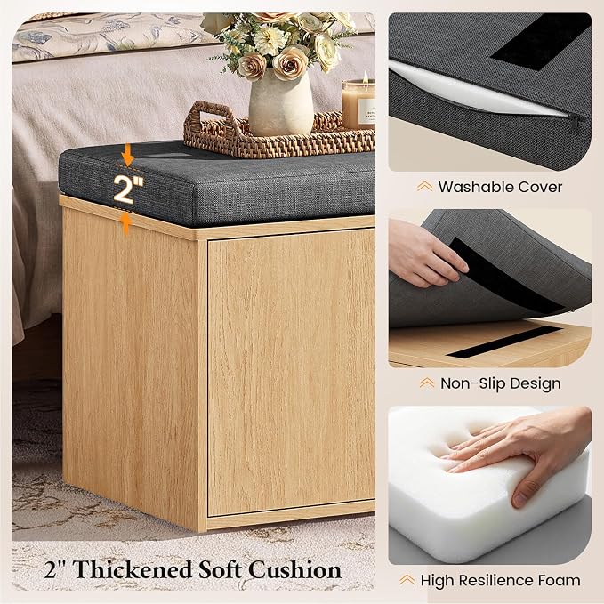59" Storage Bench with Drawer, 2-Tier Shoe Bench with Doors, Long Entryway Bench, Thickened Cushion, Adjustable Shelf, Fluted Design for Entryway, Bedroom, Living Room, Natural