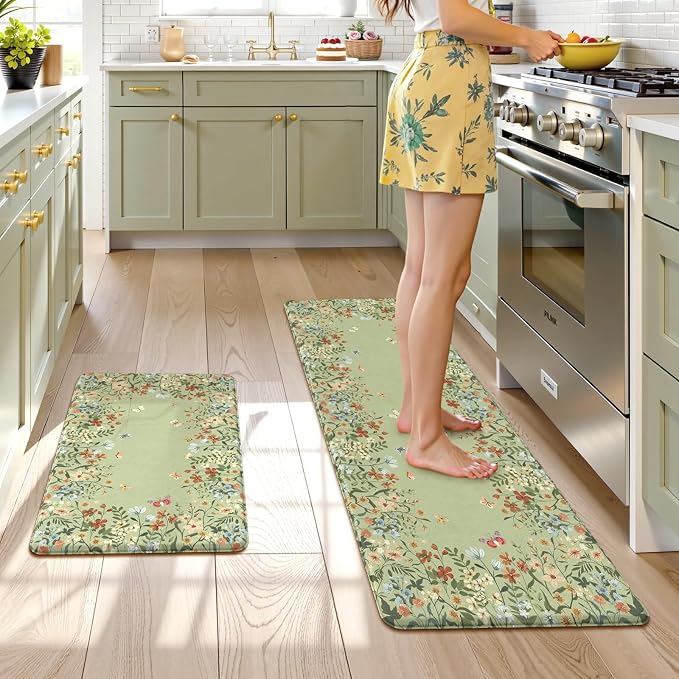 KIMODE Anti Fatigue Kitchen Mats 20"x59"+20"x32", Farmhouse Kitchen Rugs Sets of 2, Cushioned Non Skid Kitchen Mats for Floor, Comfort Kitchen Floor Mats for Sink Laundry Desk Sage Green