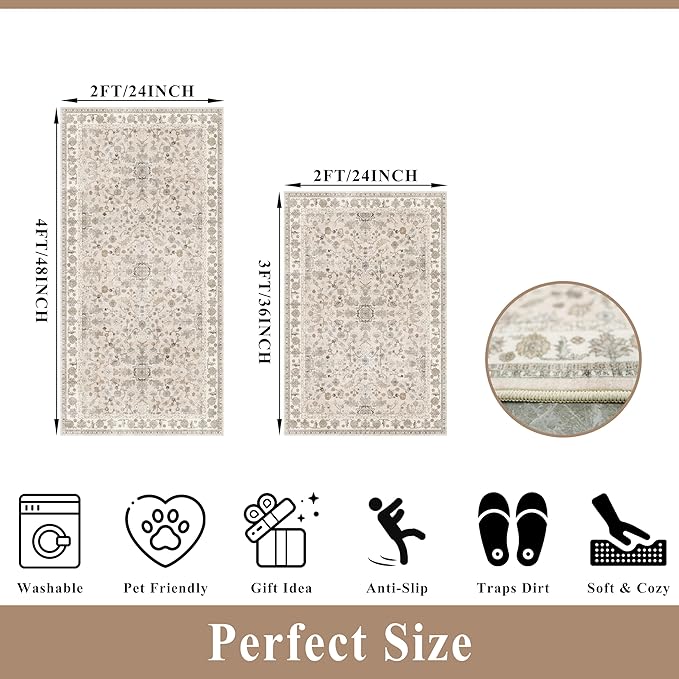 Kitchen Rugs Non-Slip Washable 2 Piece, Modern Boho Low Pile Stain-Resistant Floor Mats Set for Hardwood Floors, Soft Small Decorative Rugs (Beige, 2x3+2x4)