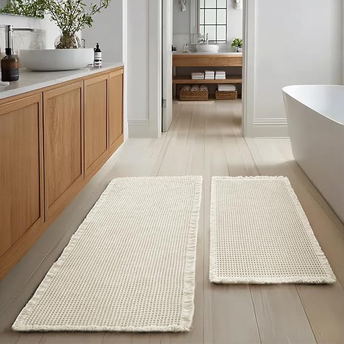 JIUZHEN Set of 2 Waffle Bath Mats Non Slip Waffle Bathroom Runner Rug Washable Boho Runner Bath Rugs Super Absorbent Shower Mat for Bathroom Kitchen Hallway Laundry, 20" x 32" +24" x 48", Ivory
