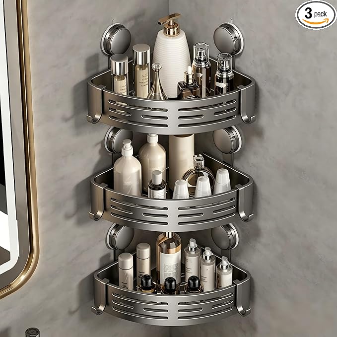 VOLPONE Shower Caddy Corner Suction Cup Shelf Corner No Drilling Bathroom Shower Organizer Storage Rack Adhesive(3-Pack, Gray)