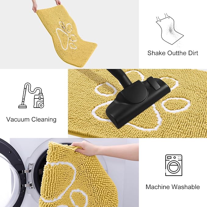Smiry Dog Door Mat for Muddy Paws, Absorbent Dirt Trapper Non Slip Quick Dry Washable Chenille Mat for Mud Dogs, Entry Rug for Indoor and Outdoor (30x20 Inches, Yellow and White)
