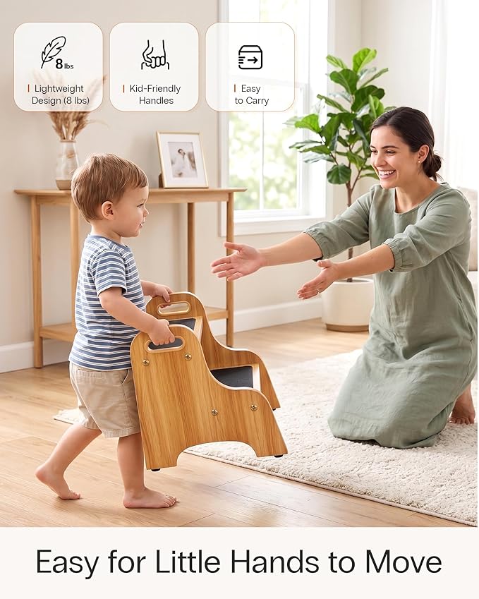 StrongTek Wooden 2-Step Stool for Kids, Non-Slip Surface with Handles, 350 lb Capacity, Toddler Step Stool for Bathroom, Kitchen and Bedroom (Natural)