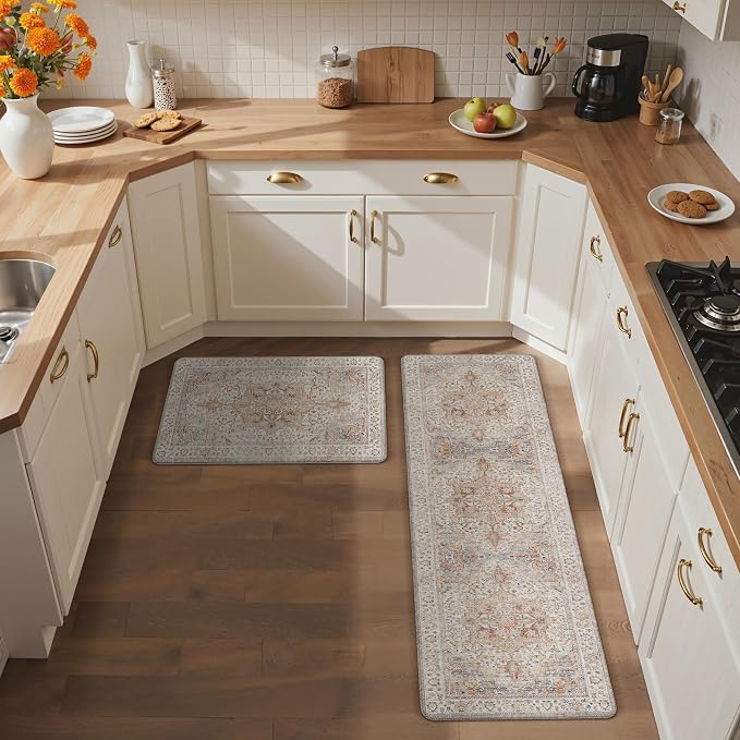 GENIMO Kitchen Mats for Floor, 2PCS Kitchen Rugs Non Slip Washable, Waterproof Anti Fatigue Mat, Comfort Standing Runner Rug for Sink, Office, Laundry, Home, 17.3"x59"+17.3"x30", Orange&Brown