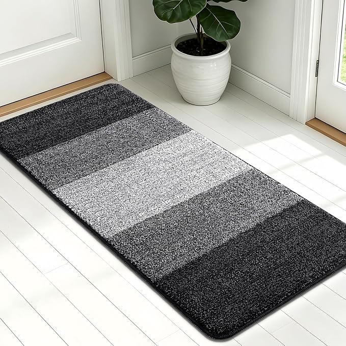 Kitinjoy Indoor Outdoor Door Mat, 54x24 Non-Slip Absorbent Dirt Trapper, Low-Profile Washable Inside Entrance Front Floor Mat, Sturdy Soft Entry Doormats for Entryway, Black