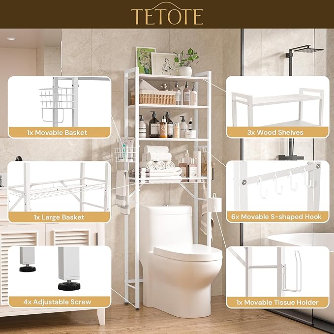 TETOTE Over-The-Toilet Storage Rack, 4-Tier Bathroom Organizer Shelf Over Toilet with Adjustable Shelf and Basket, Freestanding Space Saver Bathroom Shelves Above Toilet for Room(White)