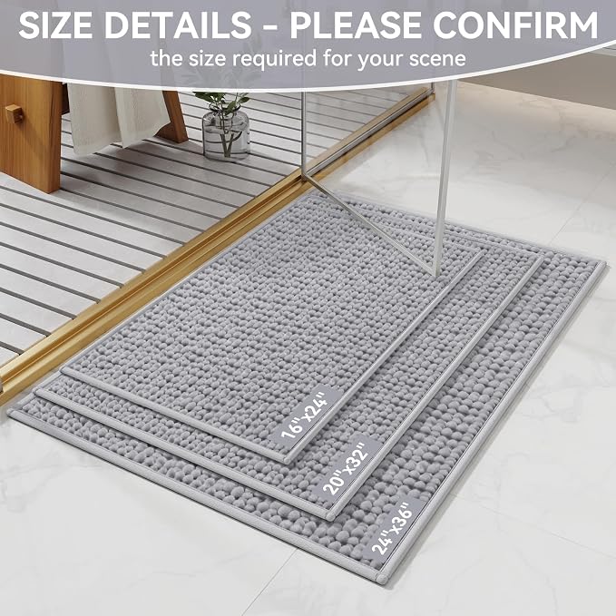 16x24 Extra Soft Chenille Bathroom Rugs - Non Slip Quick Dry Absorbent & Washable Bath Mat, Thin Low Profile Fit Under Door, Shower Mat for Outside Shower - Grey