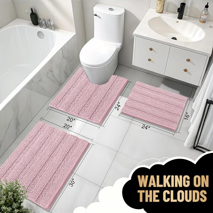 OLANLY Thick Bathroom Runner Rugs 44x24, Extra Absorbent Chenille Striped Bath Rugs, Rubber Backing, Machine Wash Dry, Long Bath Mats for Bathroom, Tub and Shower, Home Decor Accessories, Dusty Rose