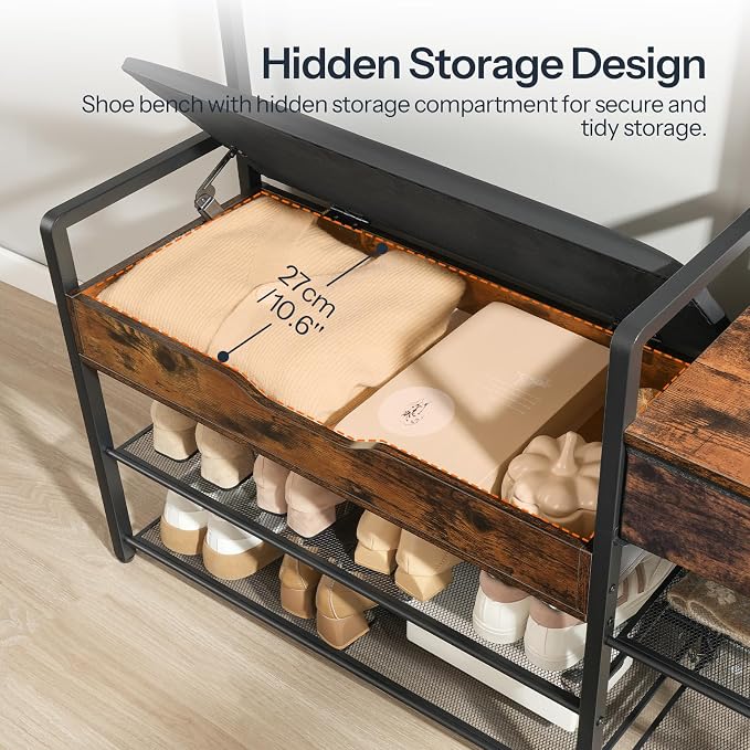 HOOBRO Hall Tree with Bench, Shoe and Coat Rack for Entryway, Coat Rack with Bench, Flip Top Storage Box, PU Cushioned Seat, Non-Woven Fabric Drawer, for Entrance, Rustic Brown and Black BF110MT01